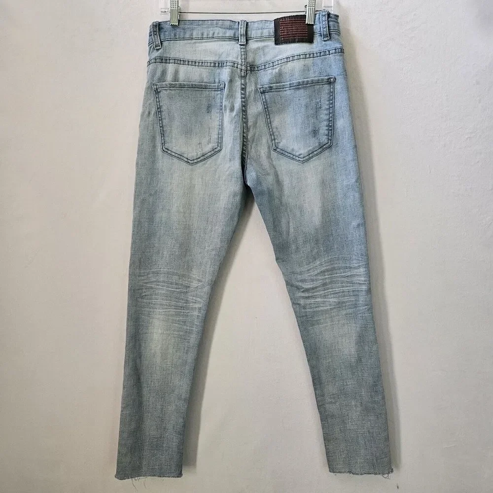 Serenede Jeans Mens Size 34 Skinny‎ Ripped Denim Medium Wash Distressed Raw Hem
